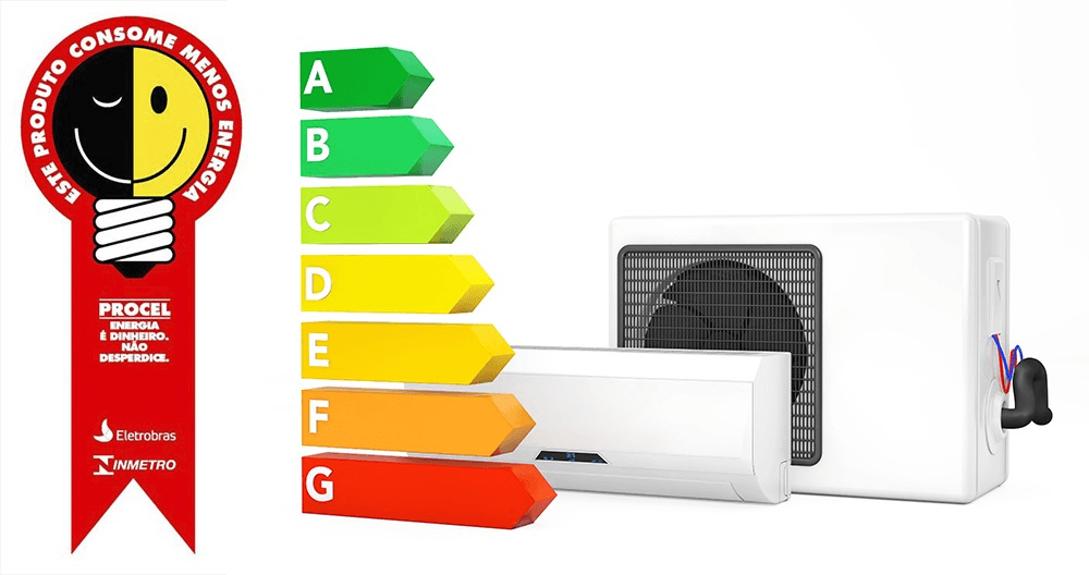 Selo Procel de eficiência energética com a escala de A a G e um ar-condicionado split